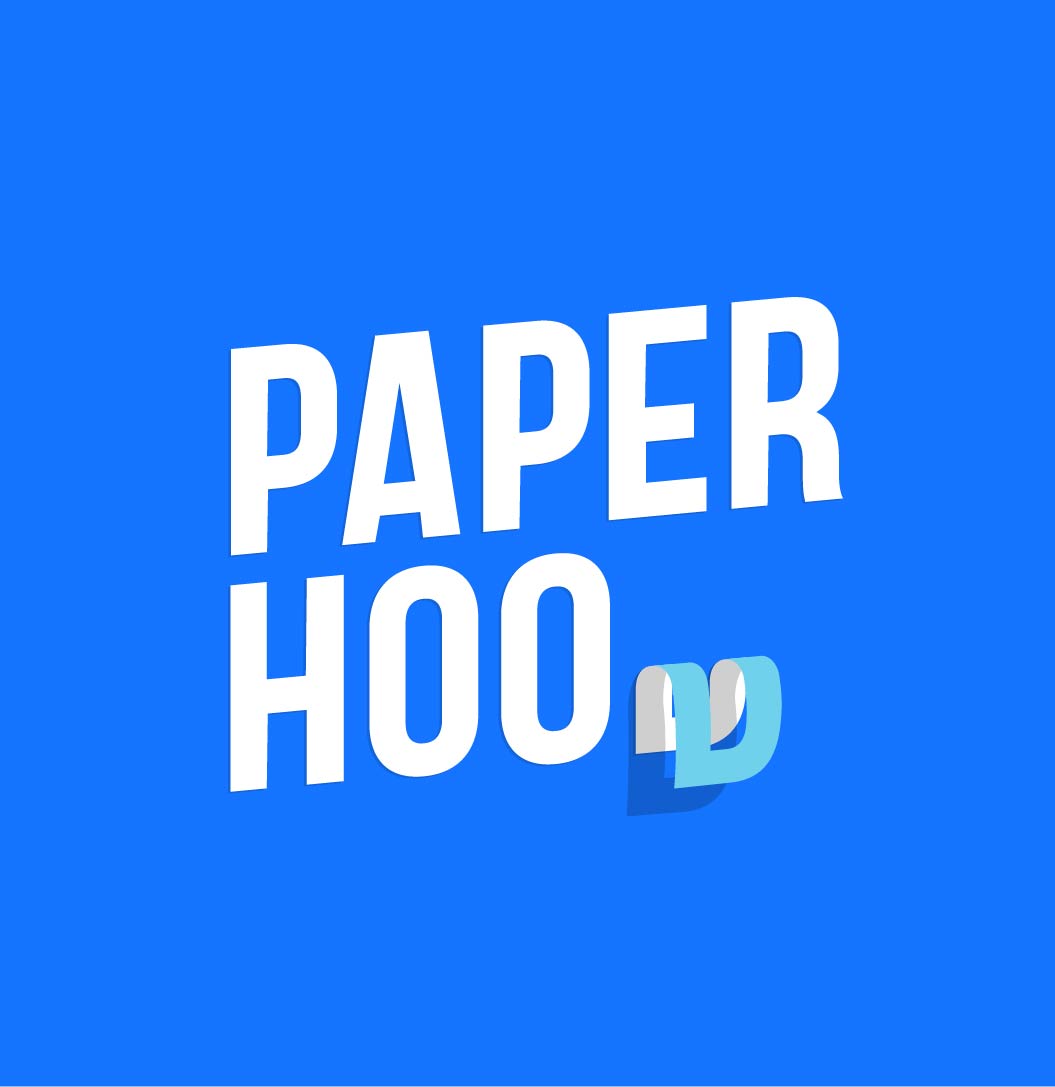 White Paperhood logo over bright blue background, the letter D is peeled away from the background.