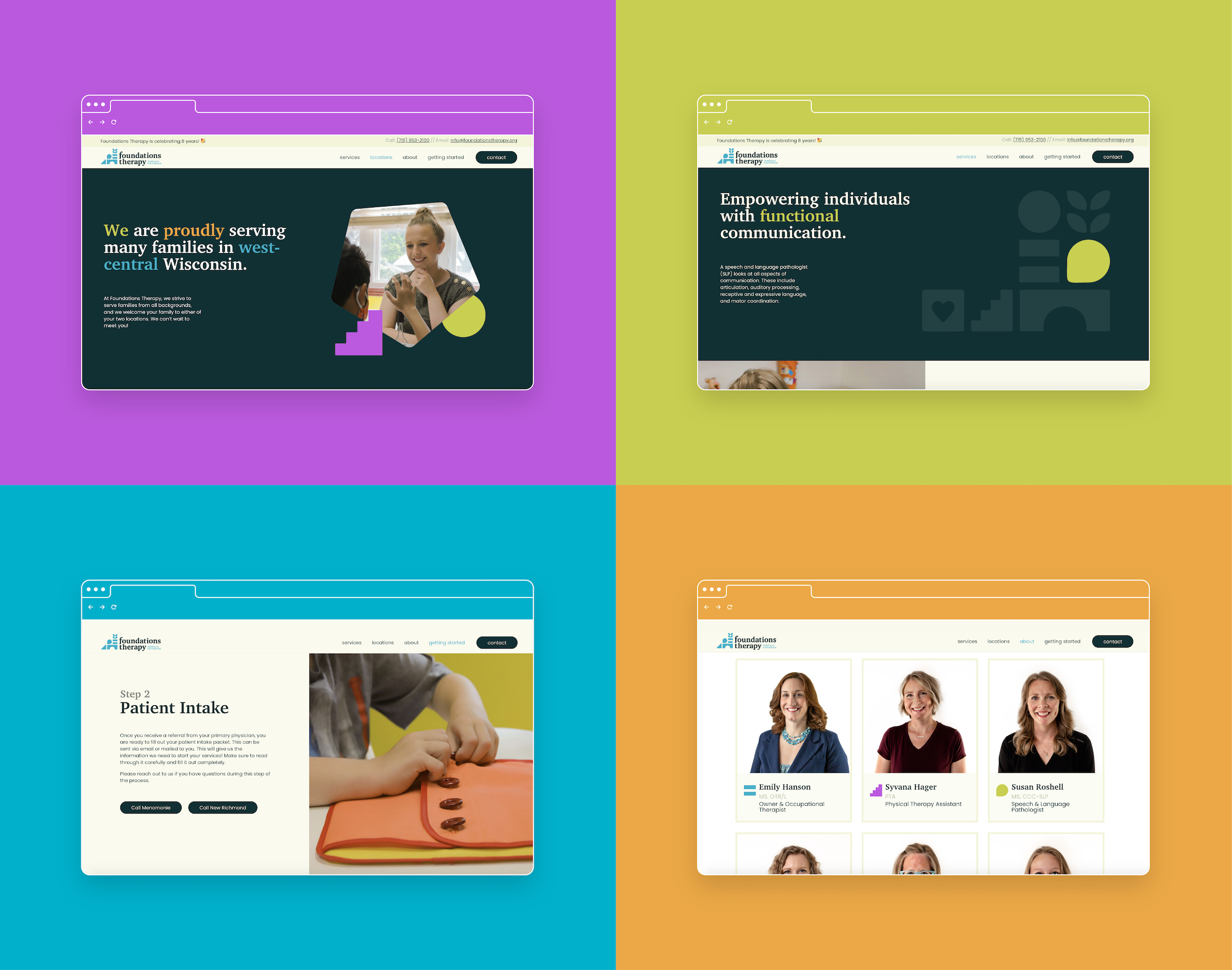 Four quadrants, each a different color (purple, green, blue, and orange) and each holds a line drawing of a browser window that contains a screenshot of a Foundations Therapy webpage.