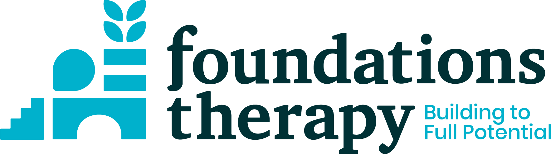 Foundations Therapy Logo. On the right side are some shapes that resemble building blocks. One looks like stairs, another is a bridge, two are rectangles, 4 look like leaves, and another looks like a raindrop tilted to the left. Shapes are a bright blue in color. To the right is a text block that reads "Foundations Therapy" and to the bottom right of that is piece of text that reads "Building to Full Potential"