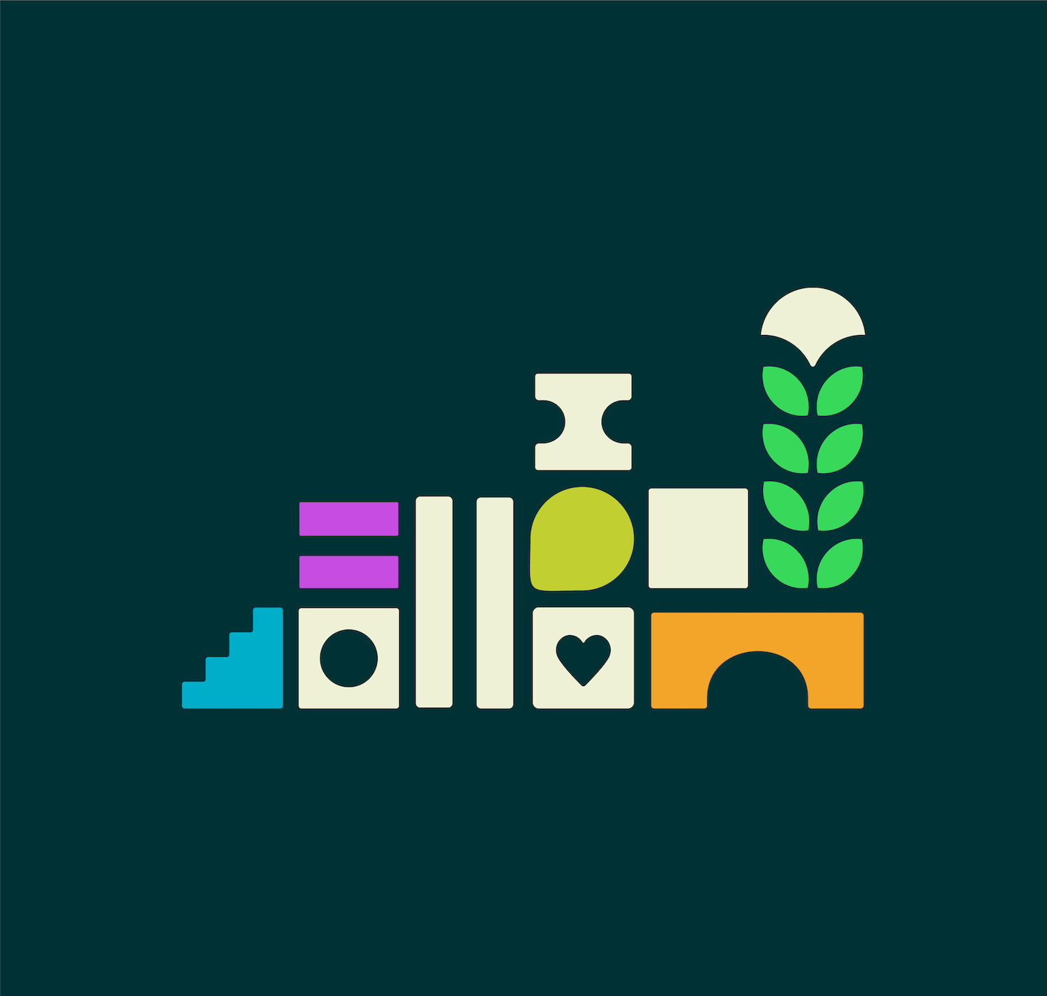 Multi-colored building block shapes stacked on top of one another over a dark blue-ish gray background.