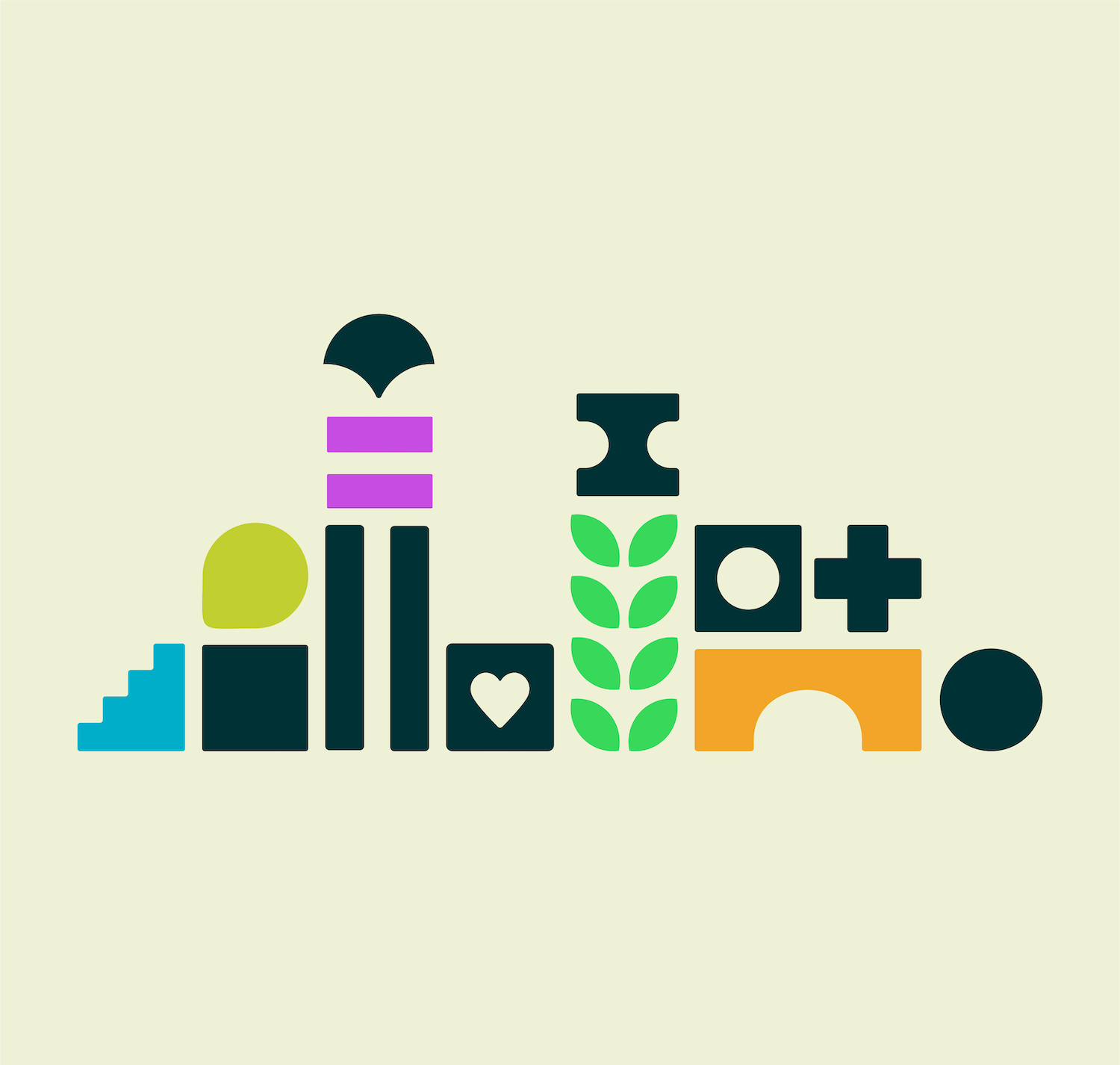 Multi-colored building block shapes stacked on top of one another over a light yellowish gray background.