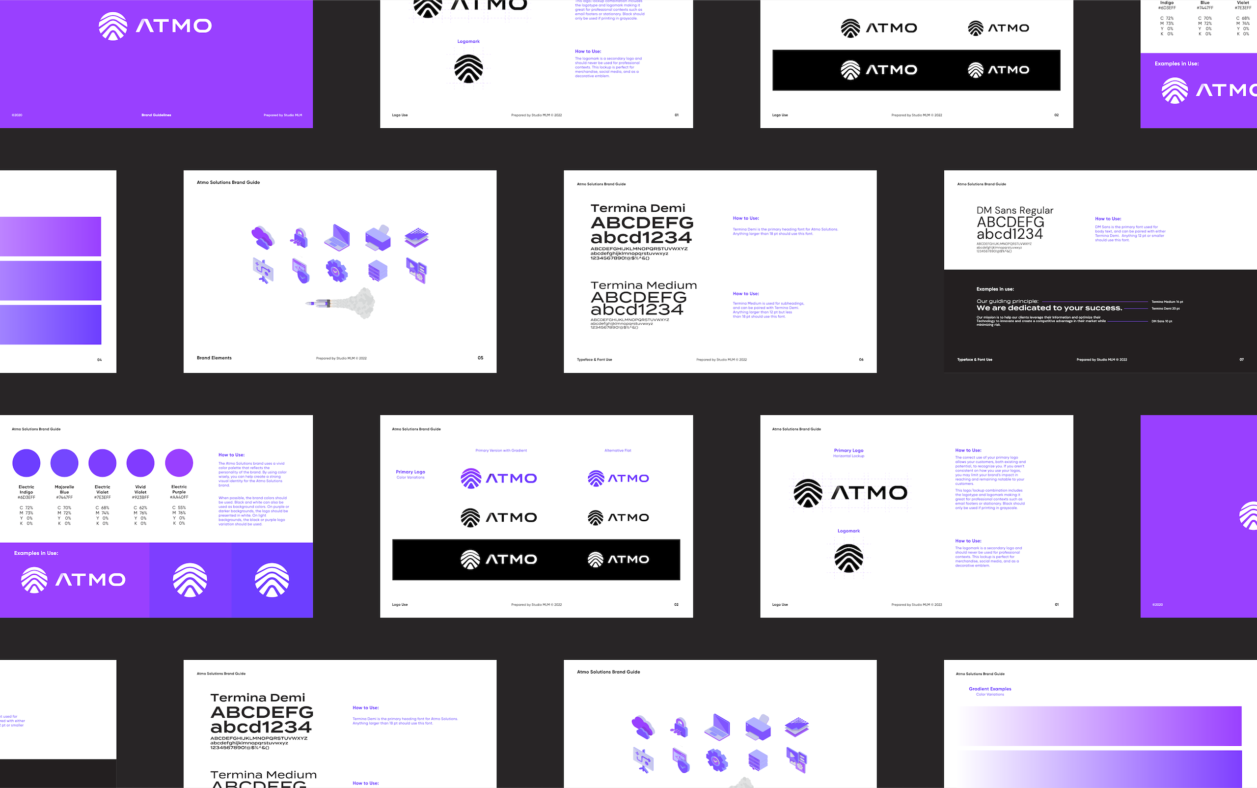 A compilation of brand guideline graphics showing typography, color, and logos.