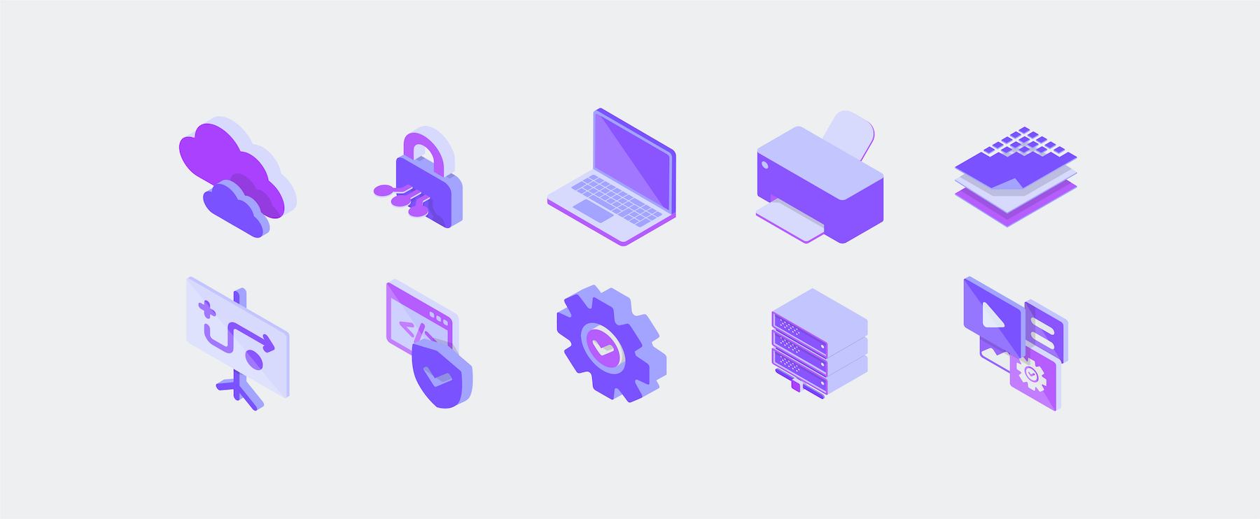 Ten purple-themed isometric icons in a five-by-two grid.