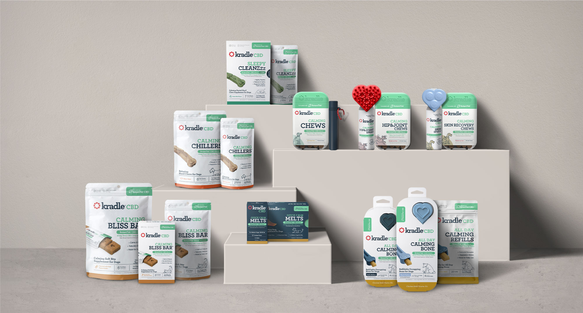 Group of Kradle CBD products displayed on multi-tier shelving.