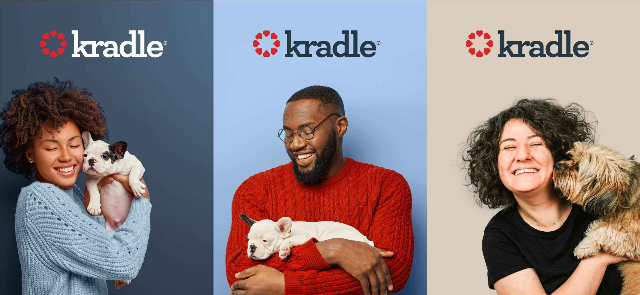Triptych of people holding and cuddling their dogs.