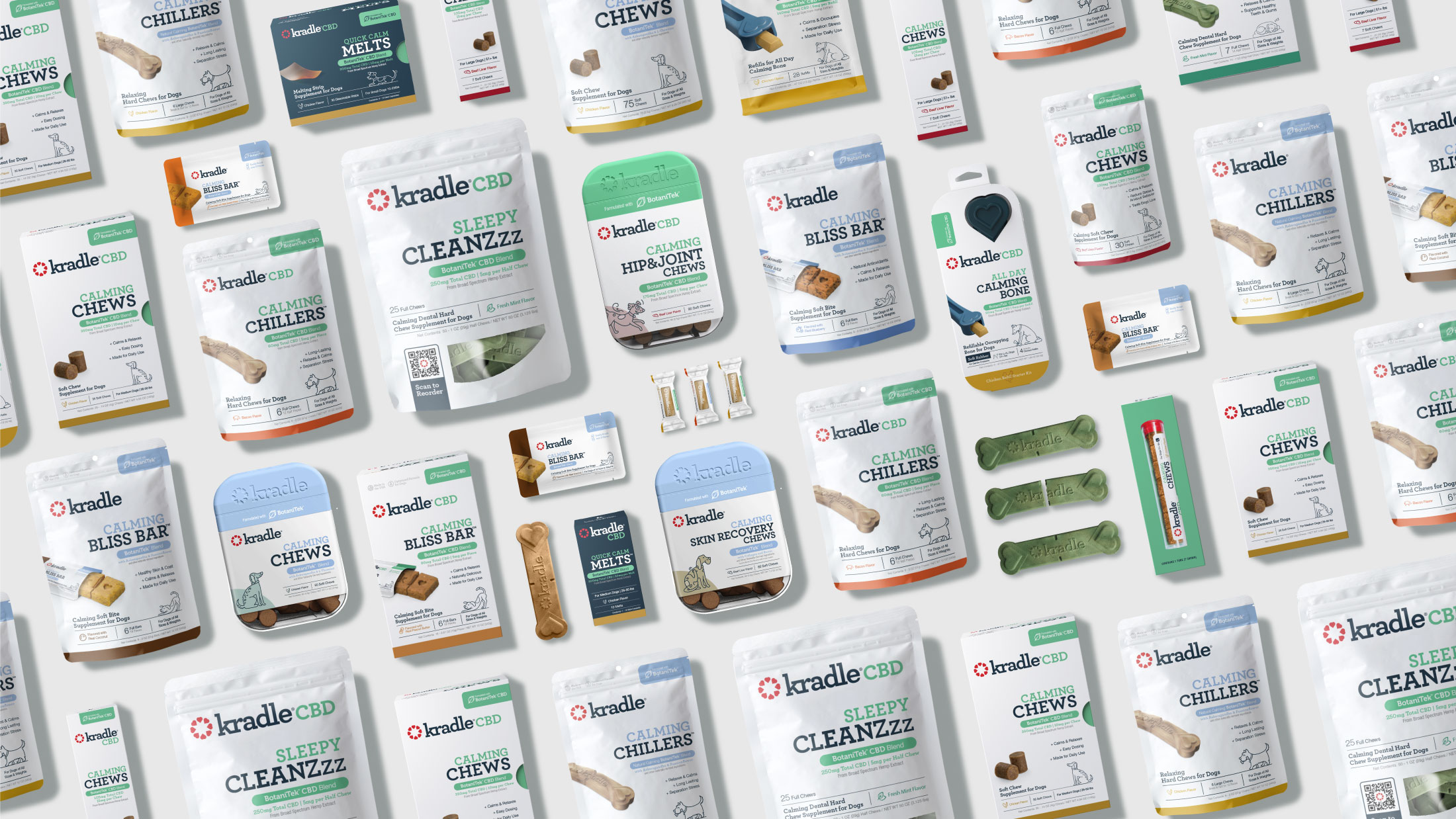 Birds eye view of an assortment of Kradle products on a flat surface.