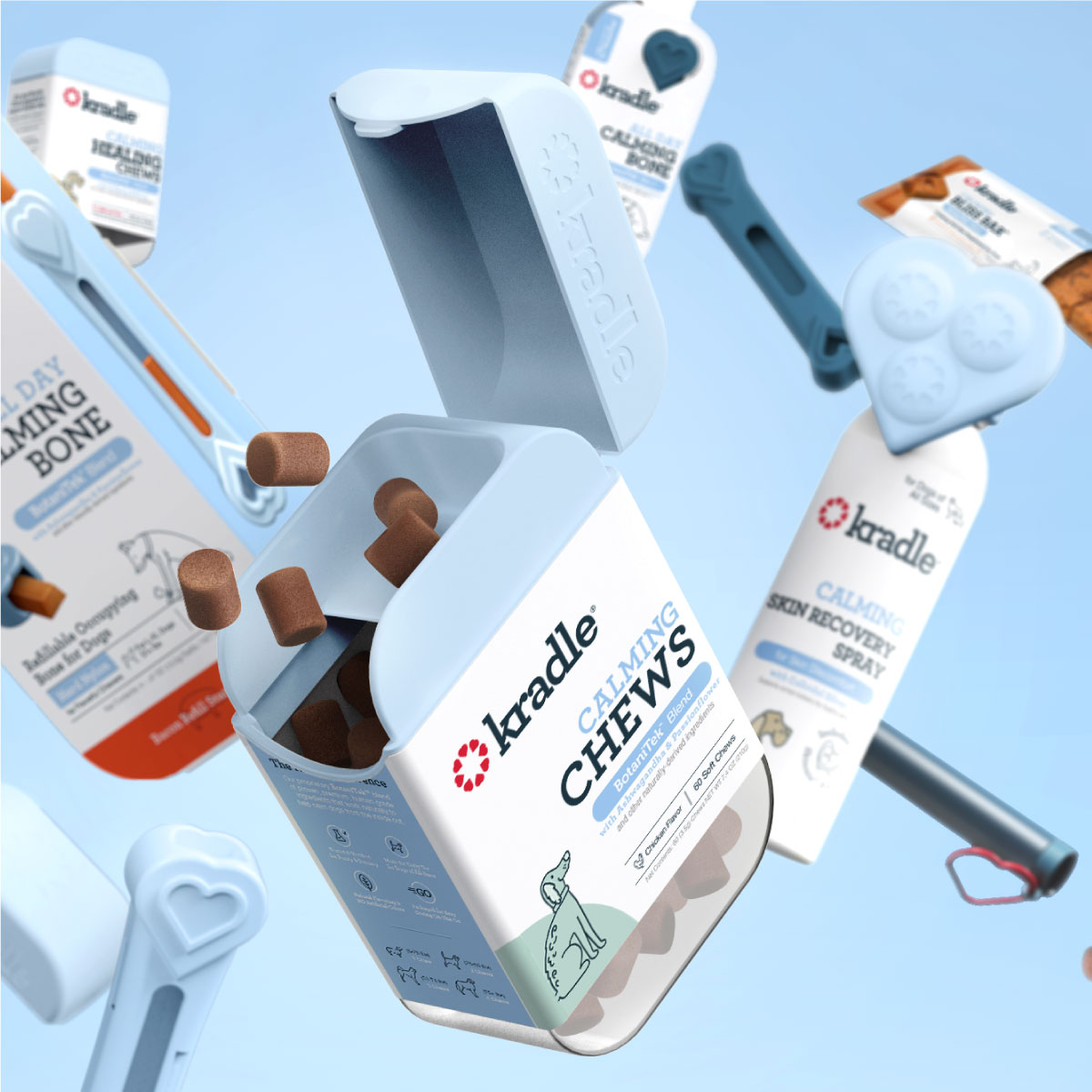 Assortment of Kradle products floating in the air.