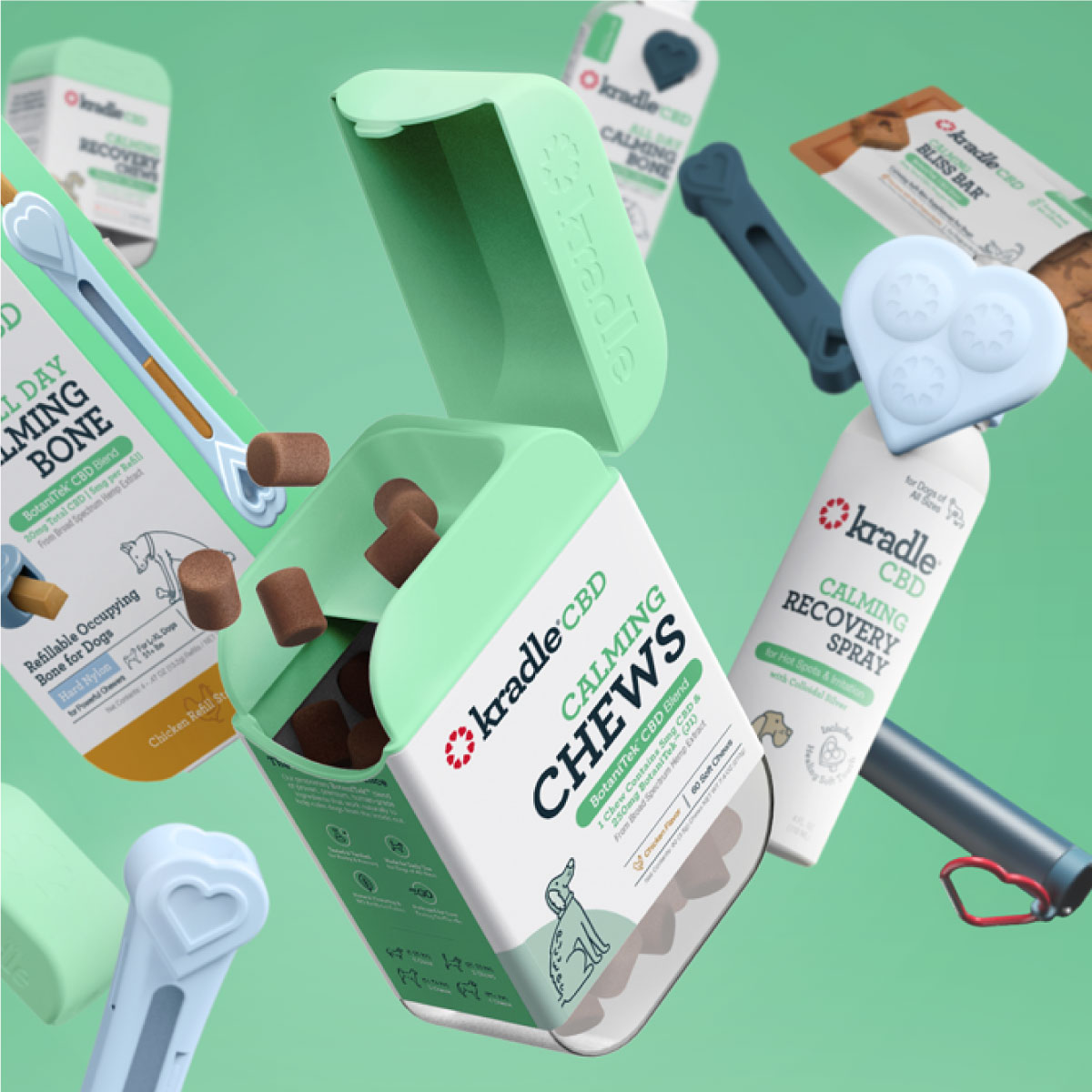 Assortment of Kradle CBD products floating in the air.