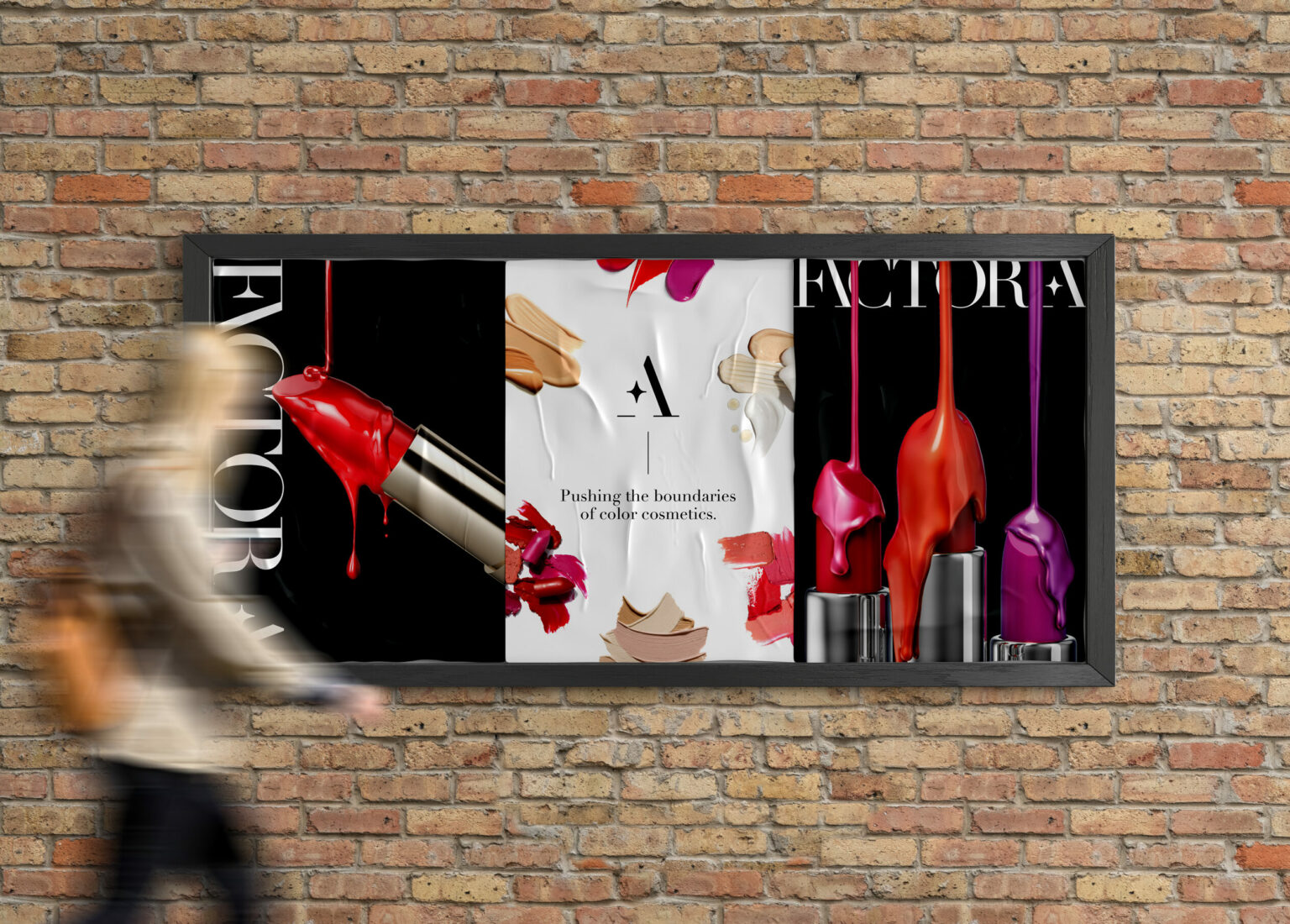 Signage mounted on a brick wall showing makeup products, a blurred silhouette of a woman is walking into frame and past the signage.