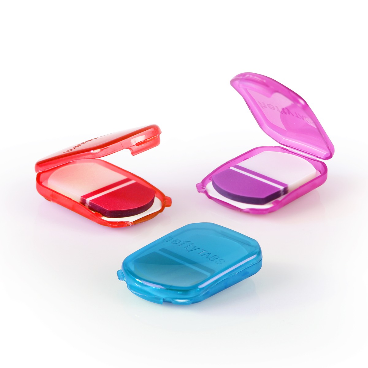 Three small translucent containers holding sticky tabs for office use sitting on a white background. One is red, one is purple, and another is blue. The red and purple containers and open, and the blue container is clipped shut.