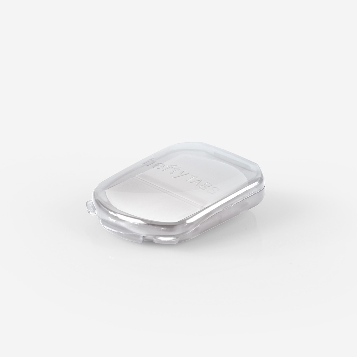 A small clear container holding sticky tabs for office use, clipped shut.