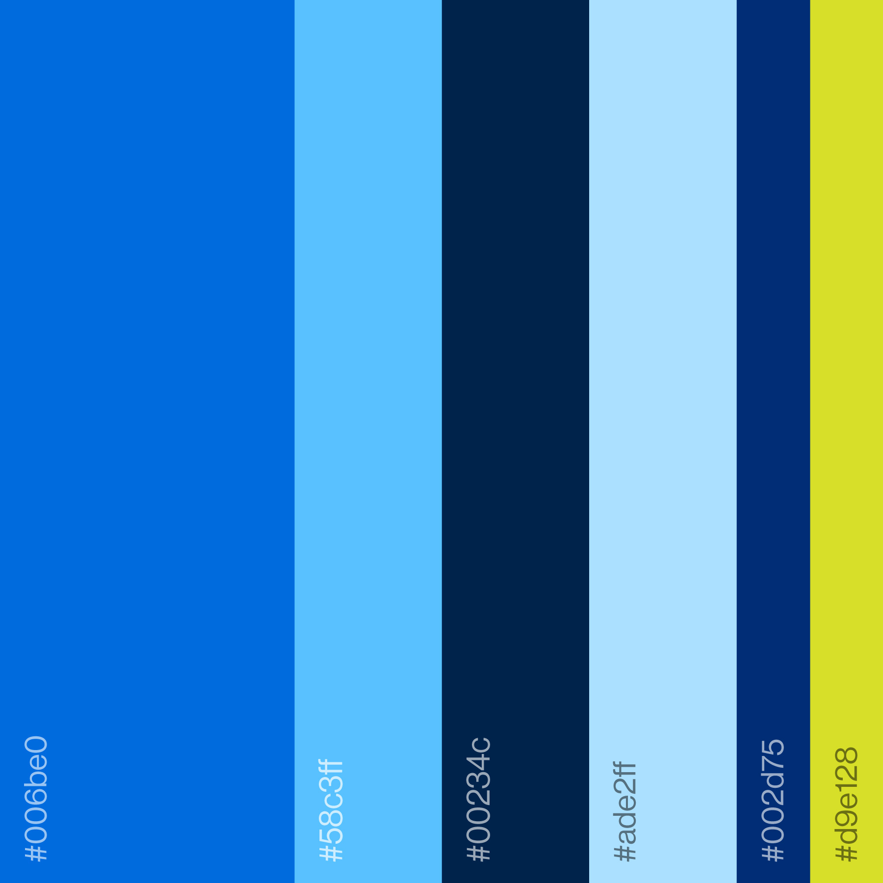 A color palette consisting of varying blues and purples, with a bright yellow-ish green accent.