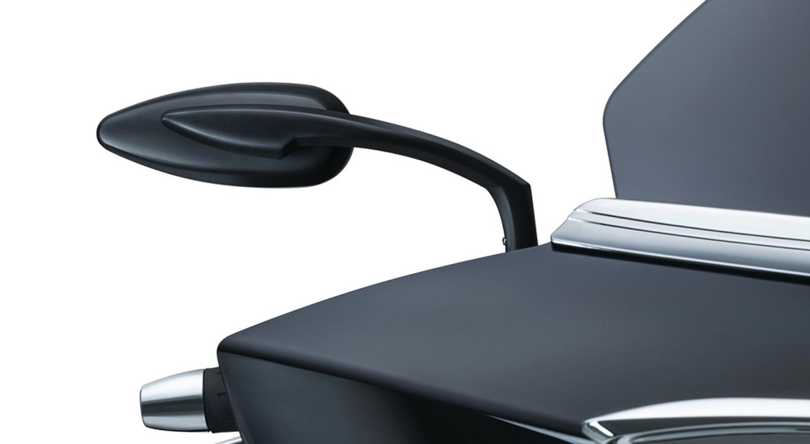 A close-up view of the back of a motorcycle mirror, the finish is smooth black and there are chrome accents on surrounding parts.