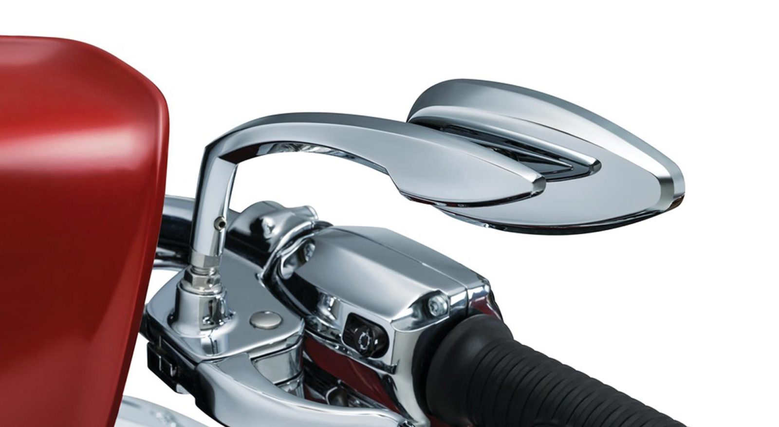 A close-up view of the back of a motorcycle mirror. The finish is shiny chrome, and there are black and red accents on surrounding parts.