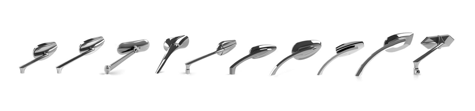 A collection of chrome motorcycle mirrors lined up horizontally over a white background.