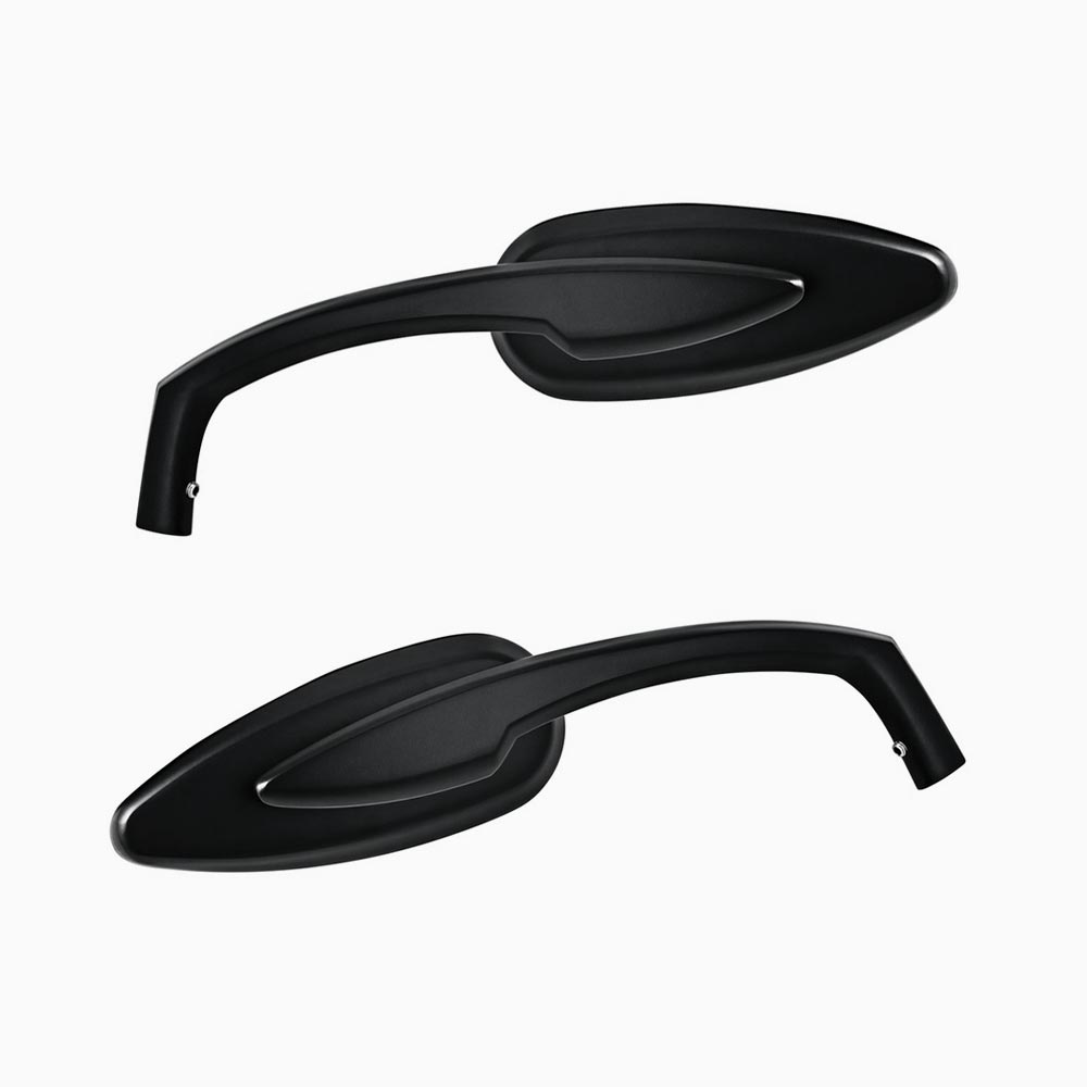 Two motorcycle mirrors faced down on a white background. The finish of the back of the mirrors is smooth black.