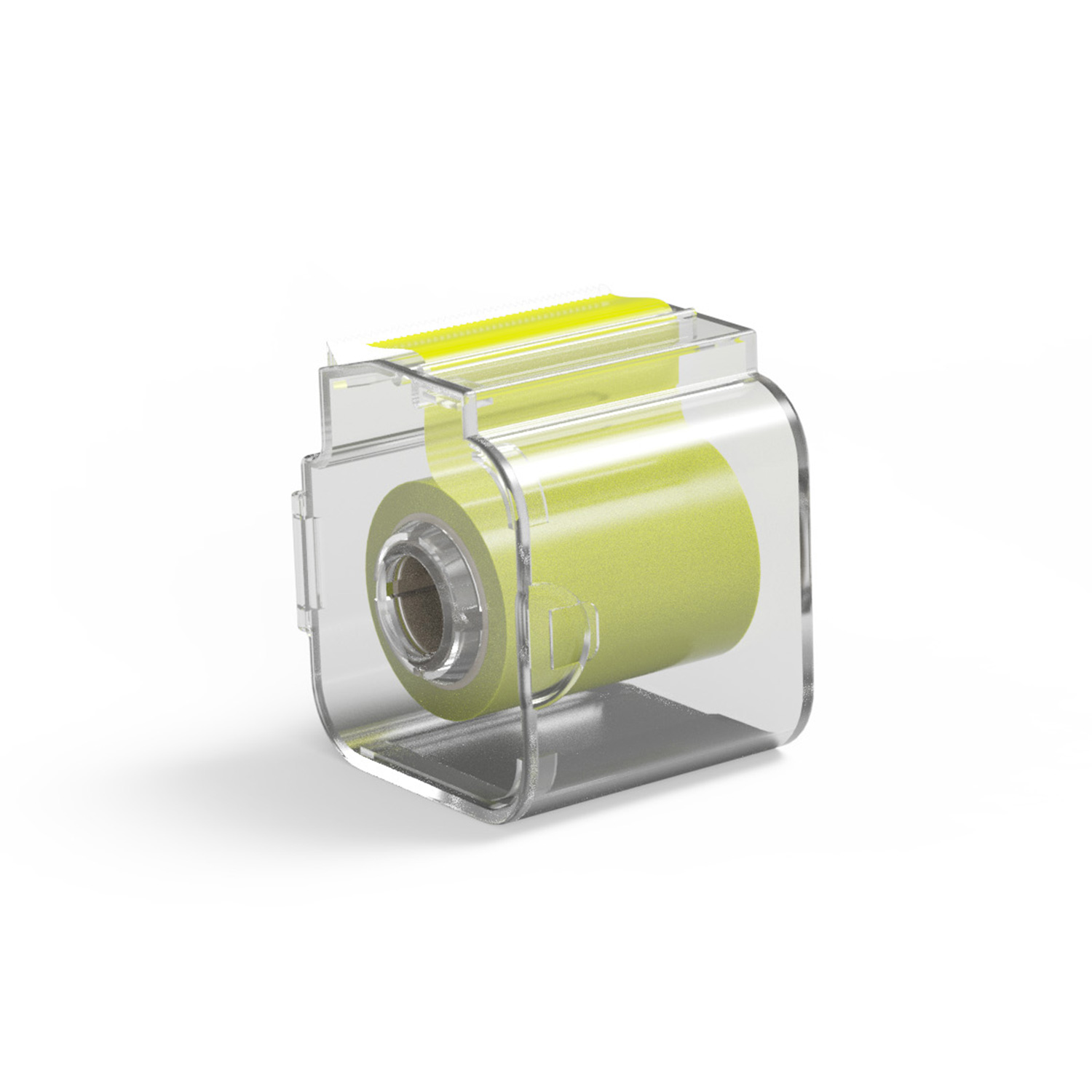 A clear box with yellow tape sticking out of the top.