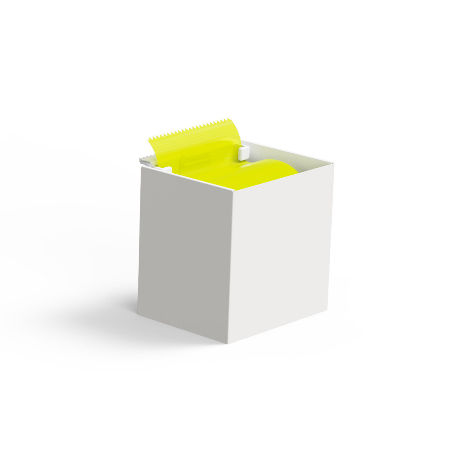 A white box with yellow tape sticking out of the top.