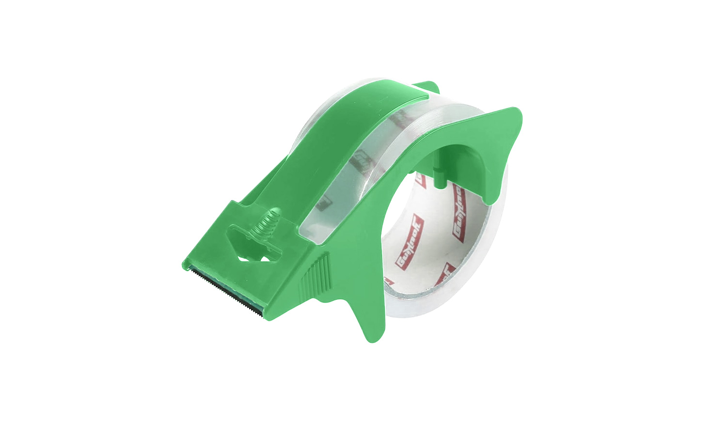 A tape dispenser with green plastic packaging.
