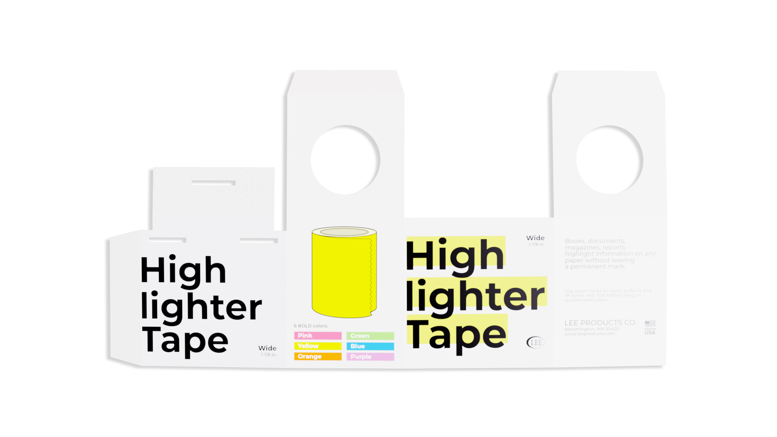 Pre-constructed Highlighter Tape packaging laid out flat on a white background.