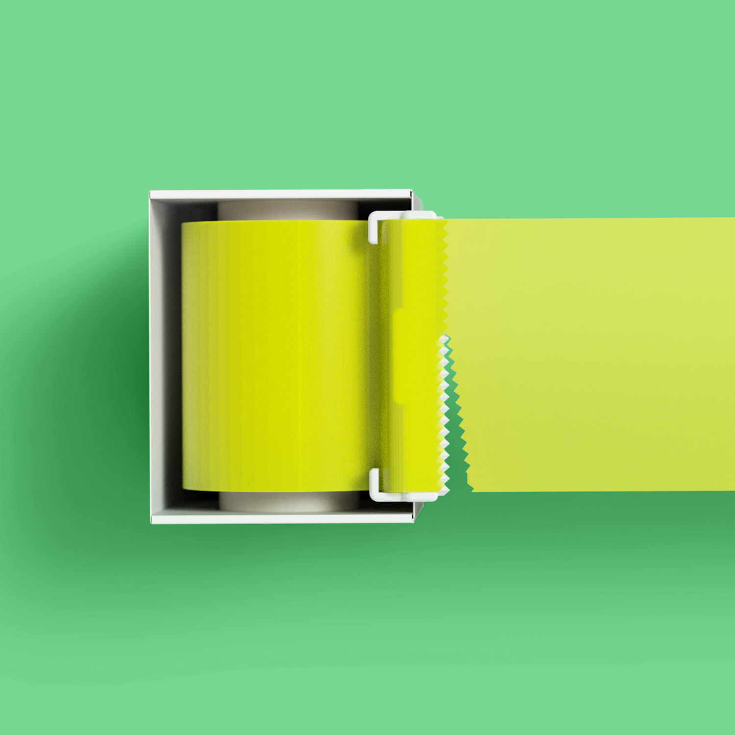 A top down view of a white box, with bright yellow tape being pulled out to the right. The tape