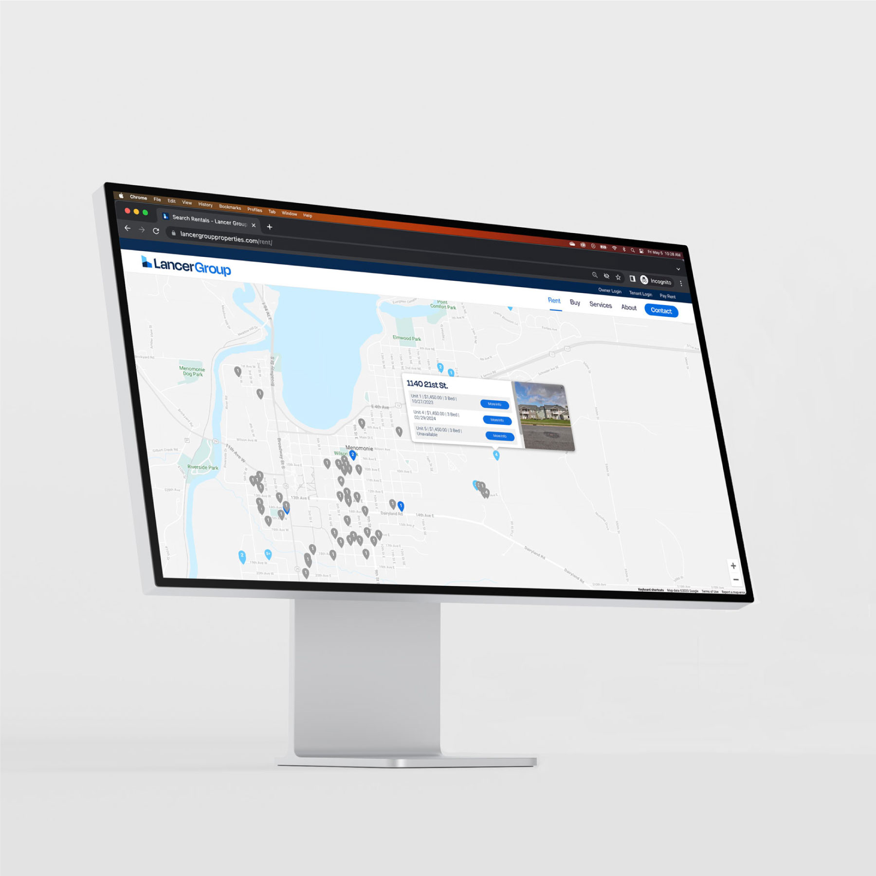 An online map on the screen of a monitor.