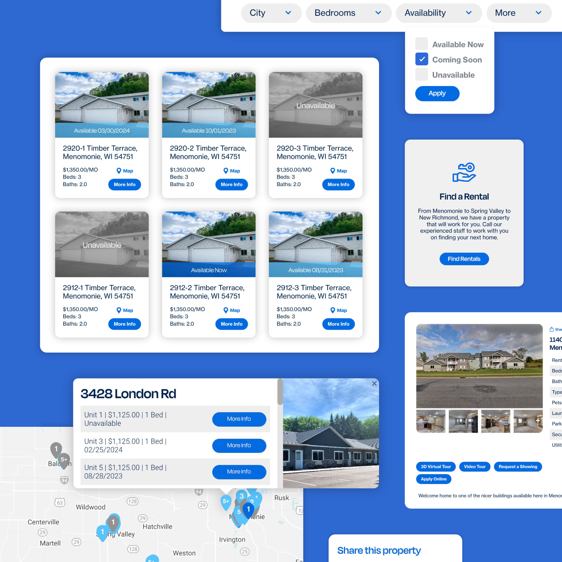 Assemblage of user interface elements, including buttons, dropdowns, icons, and navigation cards.