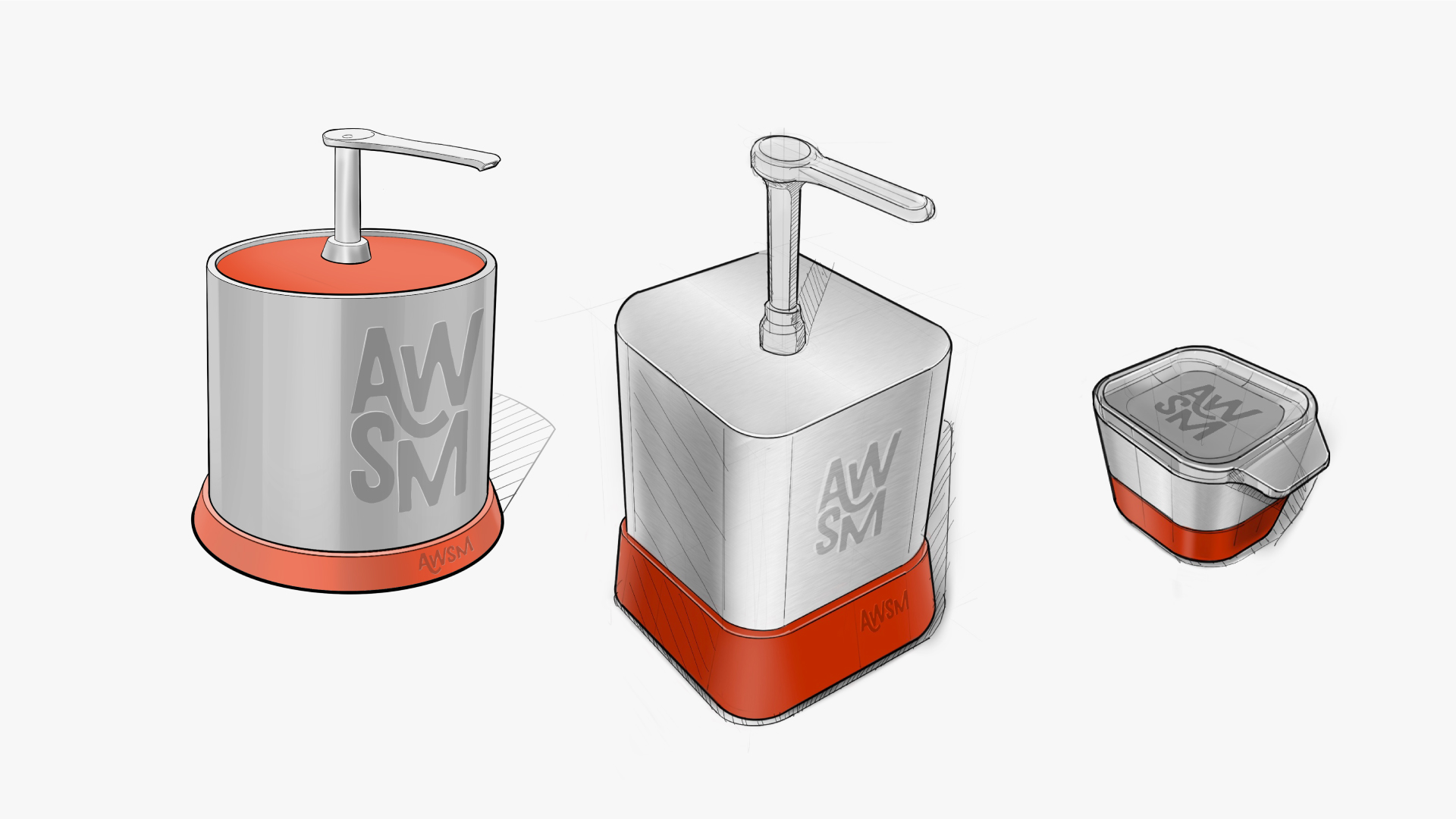 Industrial design sketches showing grey pump containers with orange accents