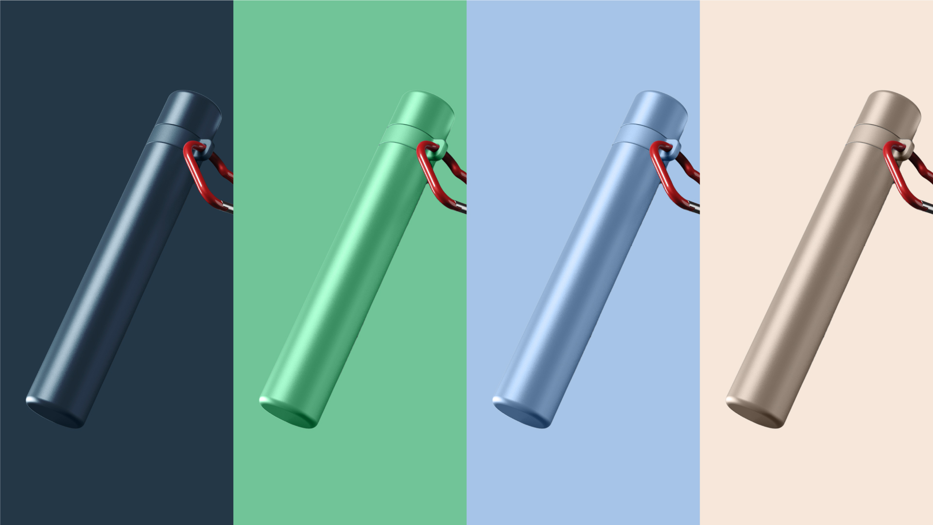 4 long shiny metal tubes in different colors. Attached to each is a red carabiner.