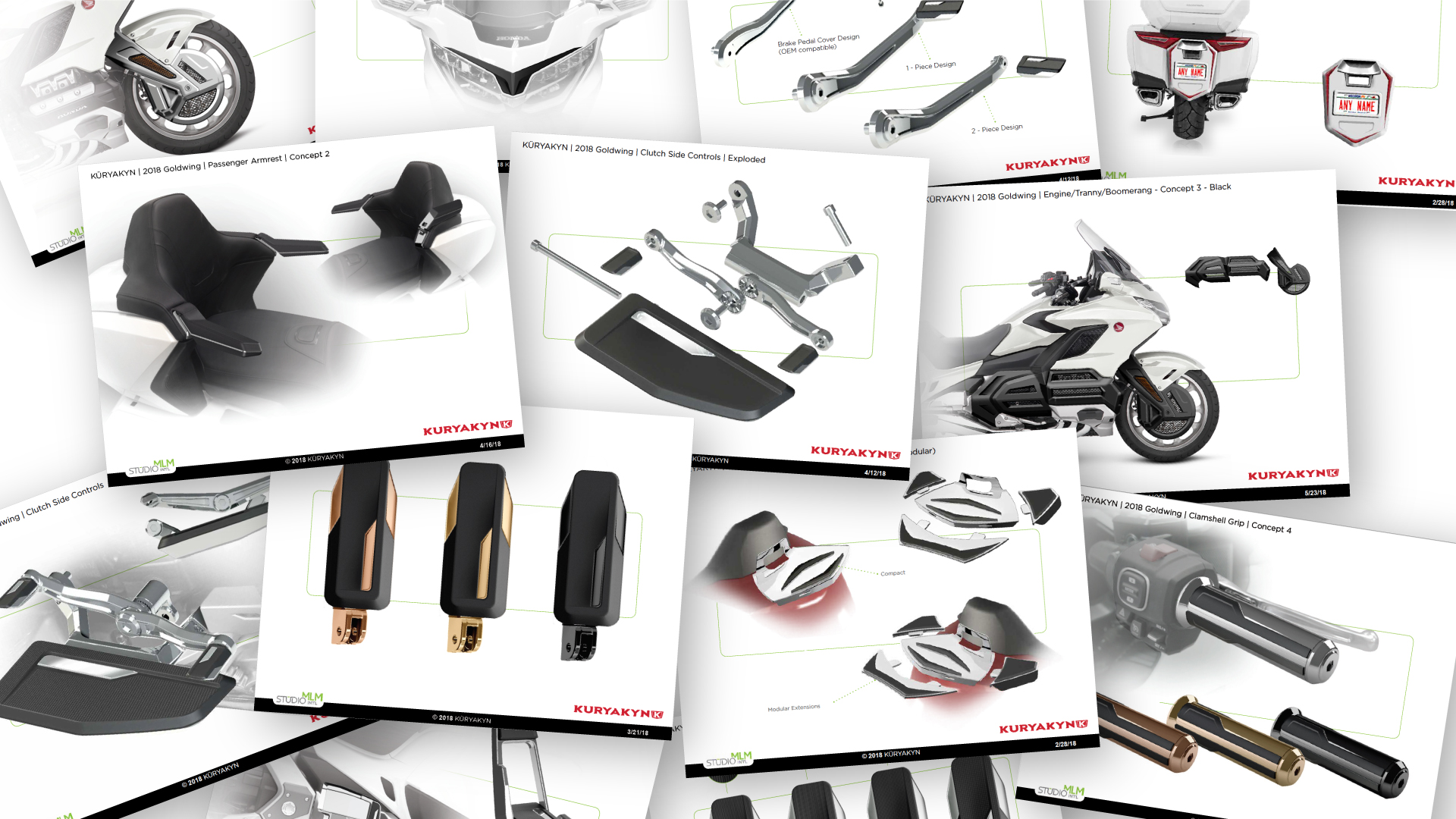 A pile of product sketches and renderings for motorcycle parts.