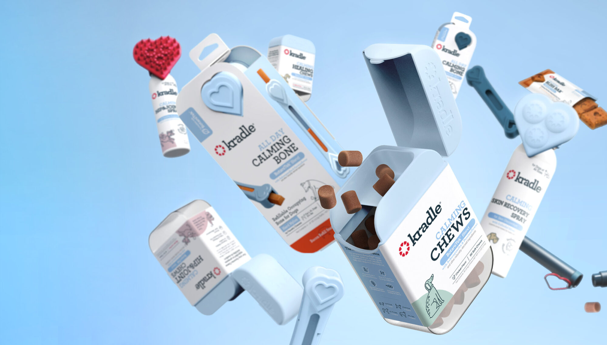 A group of Kradle Non-CBD pet products hovering in the air.