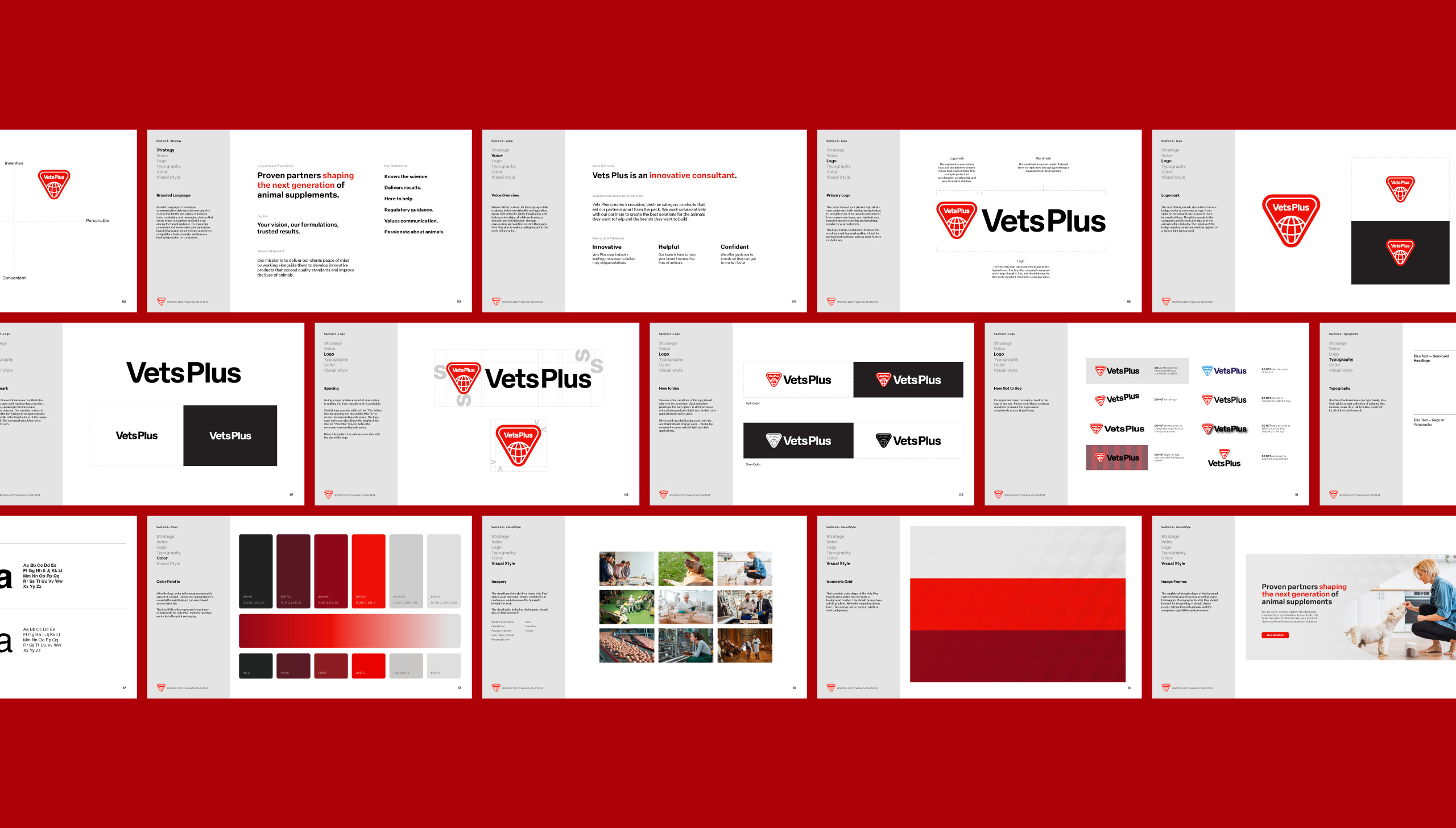 Panels visualizing the rules of the Vets Plus brand identity.