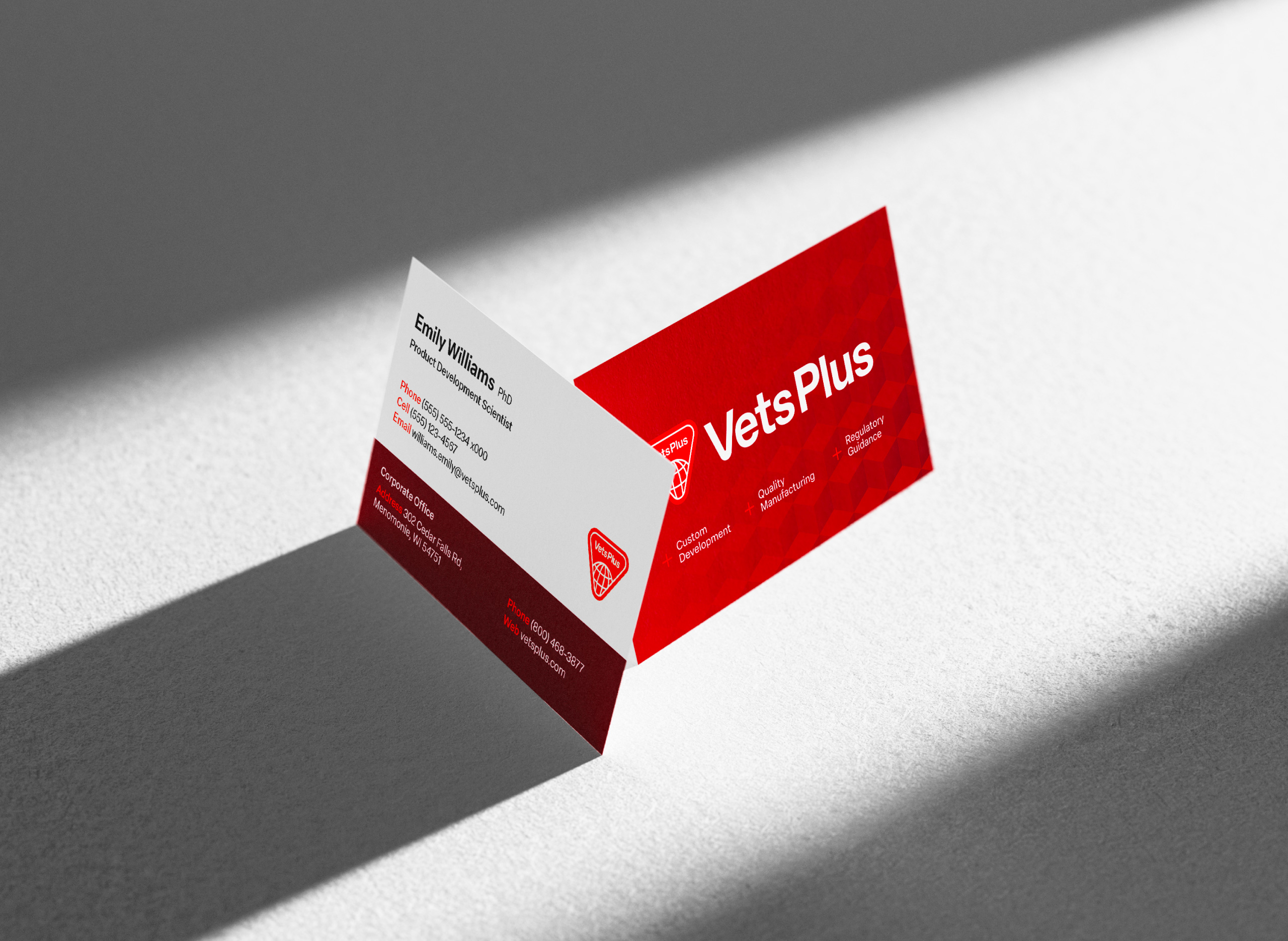 Two business cards standing up leaning against one another. One is showing the front of the business card and the other is showing the back of the business card. The two cards are in a harsh spotlight with strong shadows on either side.