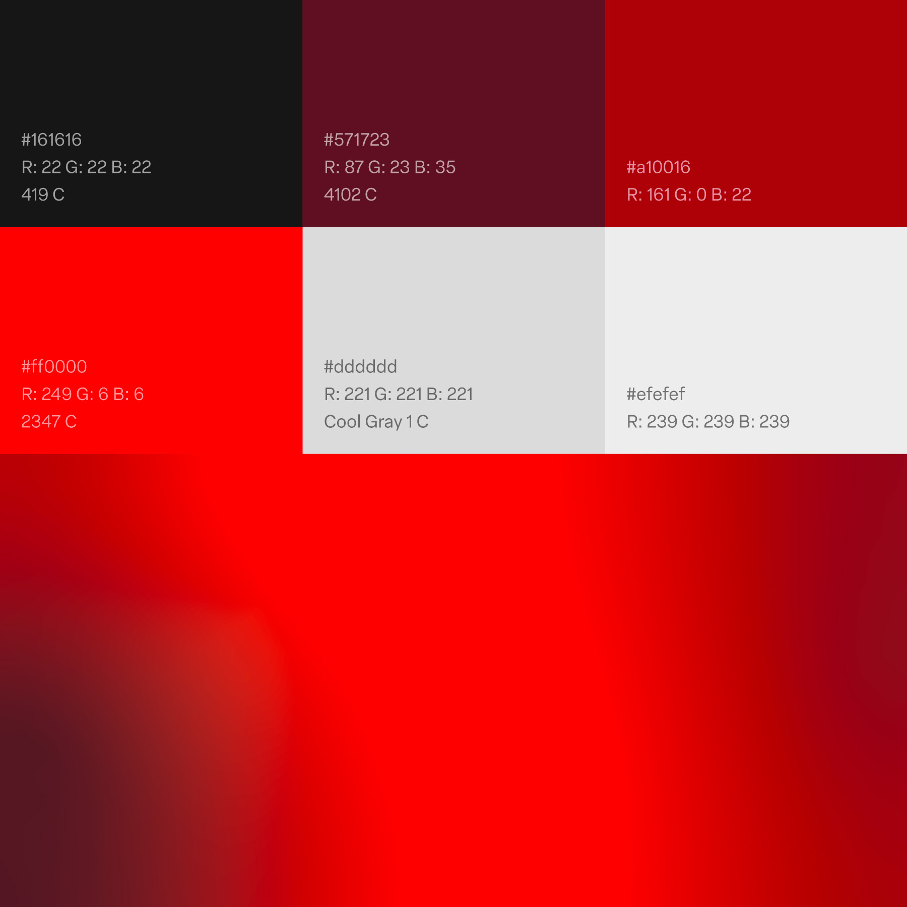Vets Plus color palette - on top is a color grid showing blocks of dark grey, maroon, middle red, bright red, middle grey, and light grey, with a 4-red gradient on the bottom.