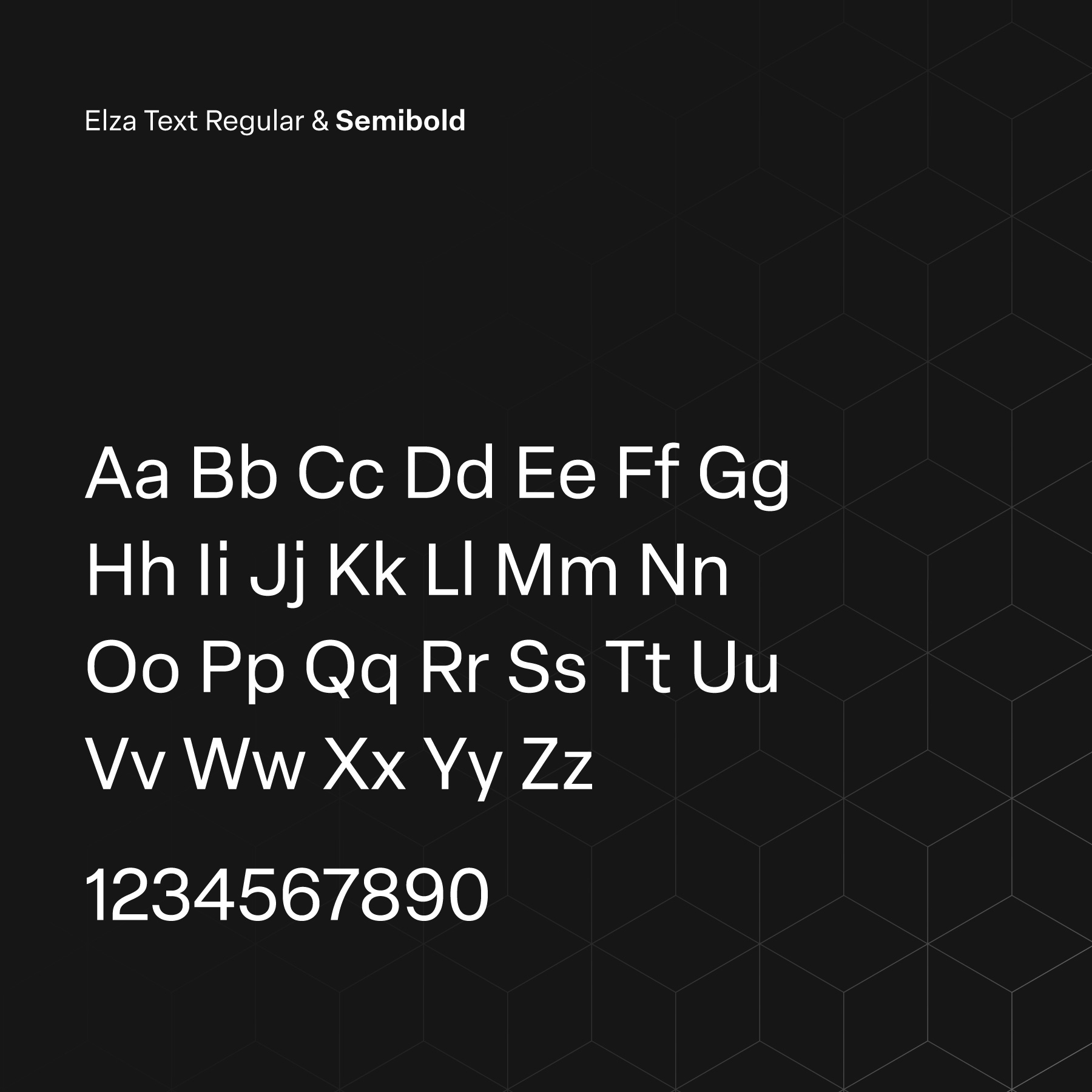 White text over a black background. At the top left is small piece of text that reads "Elza Text Regular & Semibold" and on the bottom left is a larger block of text that has the alphabet written out letter for letter in both capital and lowercase, along with the numbers 1234567890 written below.